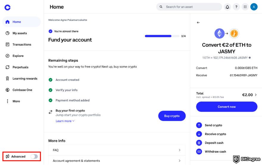 How to buy JasmyCoin: navigate to Advanced mode on Coinbase.