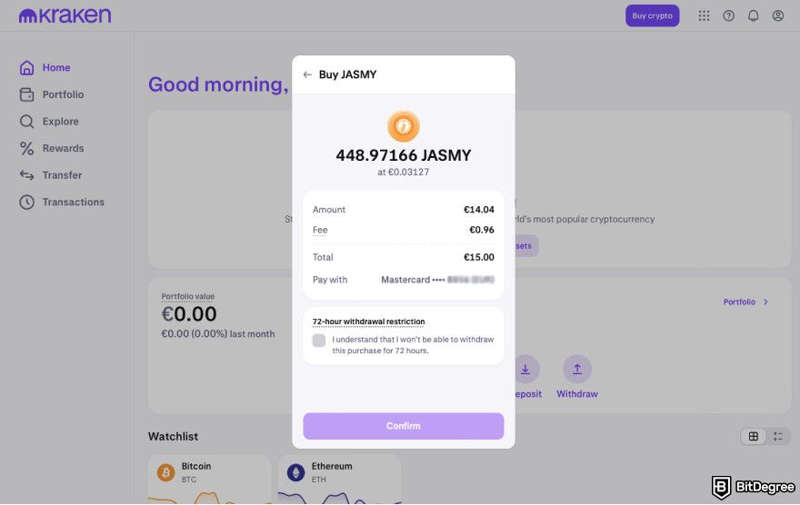 How to buy JasmyCoin: confirm purchase on Kraken.