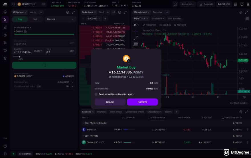 How to buy JasmyCoin: confirm spot trading order on Kraken.
