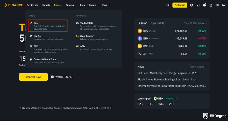 How to buy JasmyCoin: navigate to Spot Trading on Binance.