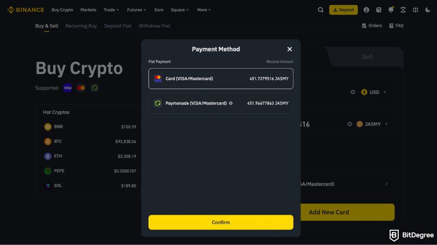 How to buy JasmyCoin: select payment method.