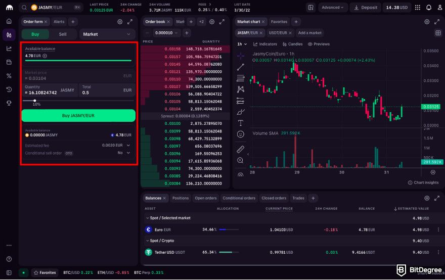How to buy JasmyCoin: place order on Kraken.