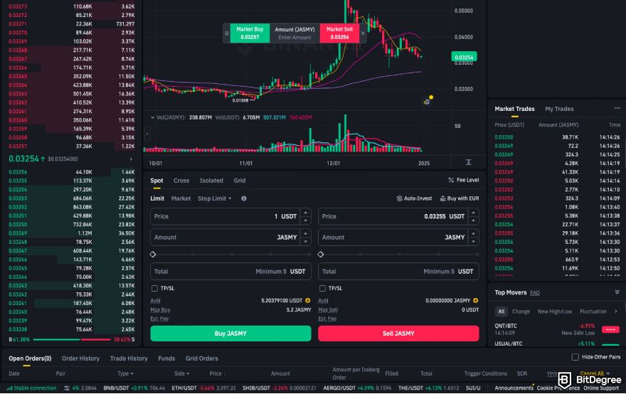 How to buy JasmyCoin: place a spot trading order on Binance.