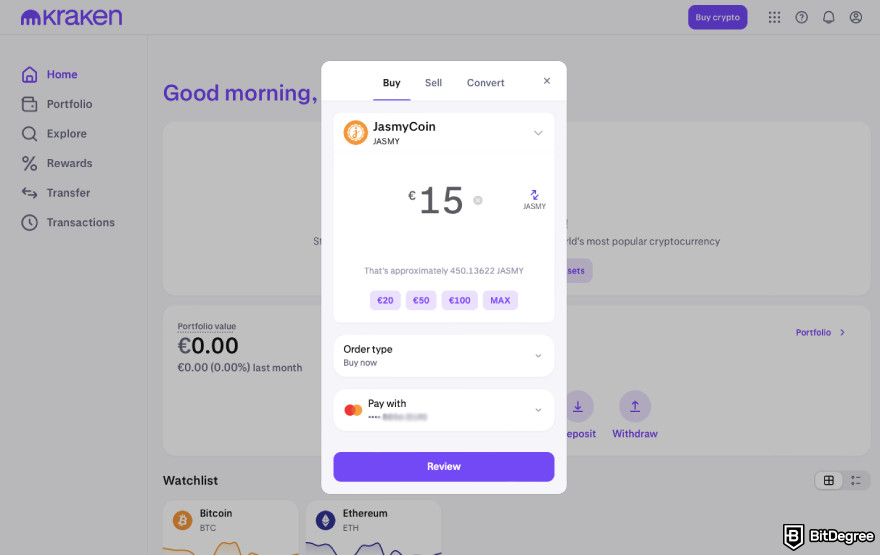 How to buy JasmyCoin: review purchase details on Kraken.
