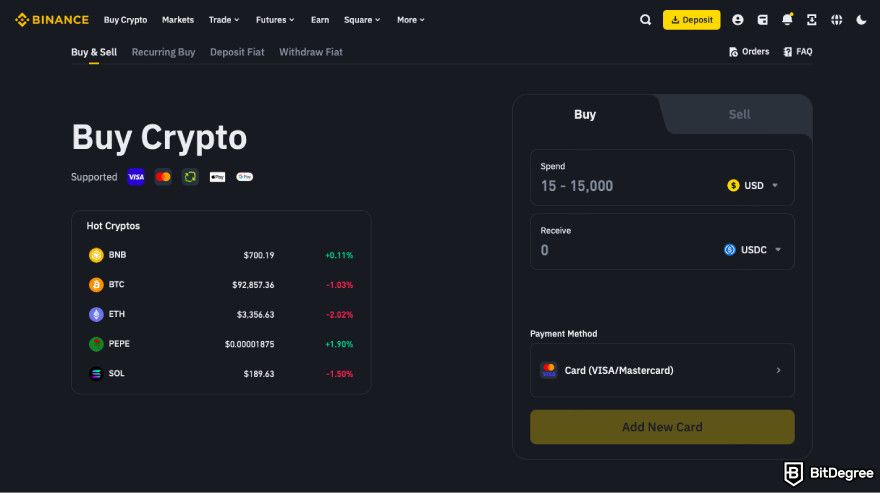 How to buy JasmyCoin: a screenshot of the Binance crypto buying panel.