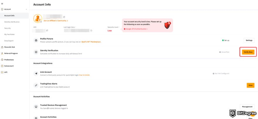How to buy Kaspa coin: Bybit's account info with the [Verify Now] button.