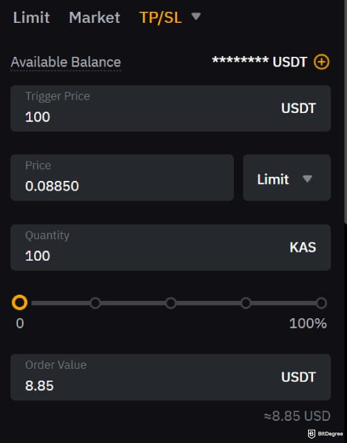 How to buy Kaspa coin: placing an order of KAS on Bybit.