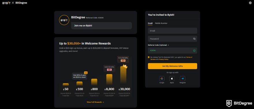 How to buy Kaspa coin: Bybit's sign-up page.