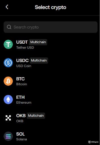 How to buy Kaspa coin: selecting crypto to deposit into OKX Web3 Wallet.