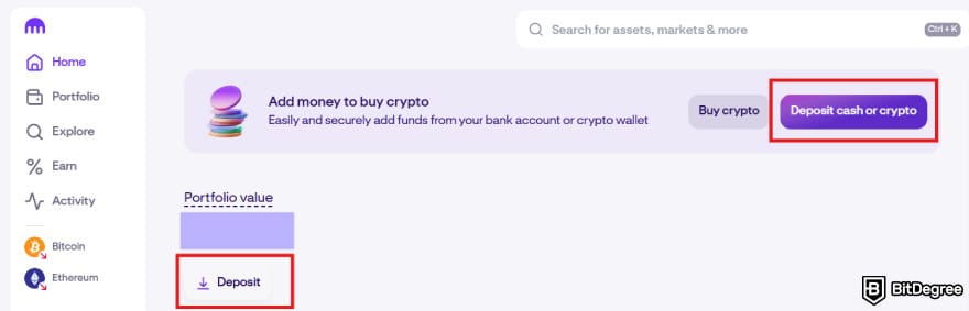 How to buy Kaspa coin: the [Deposit] button on Kraken.