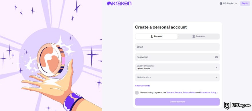 How to buy Kaspa coin: Kraken's sign-up page.
