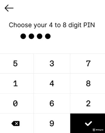 How to buy Kaspa coin: entering 4- to 8-digit PIN on Ledger Stax.