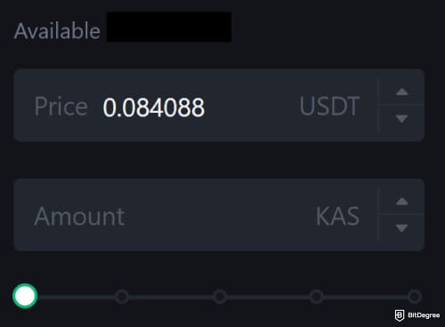 How to buy Kaspa coin: entering the amount of KAS to buy on MEXC.