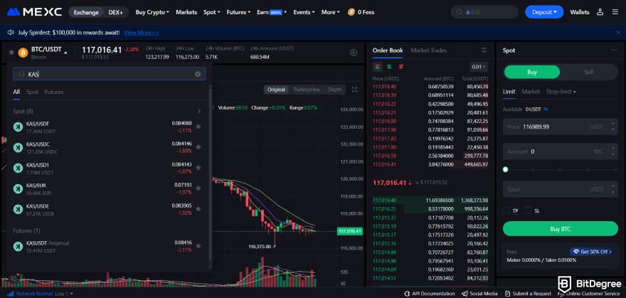 How to buy Kaspa coin: searching for a KAS trading pair on MEXC.