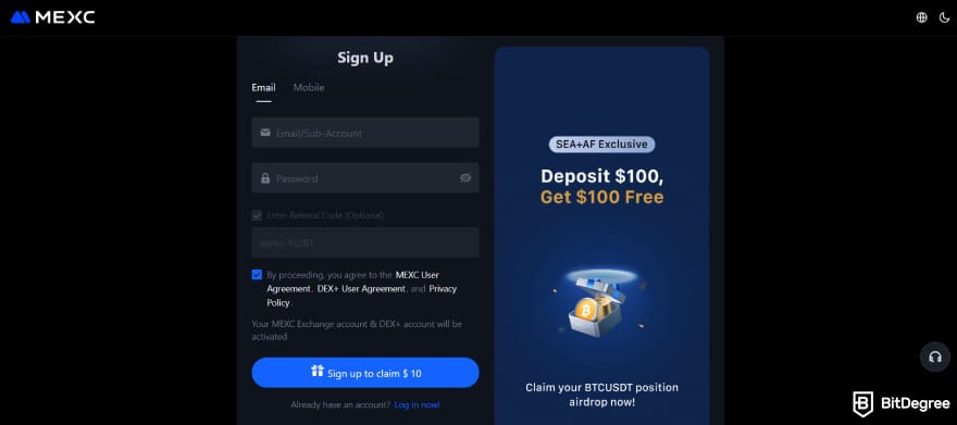 How to buy Kaspa coin: MEXC's sign-up page.