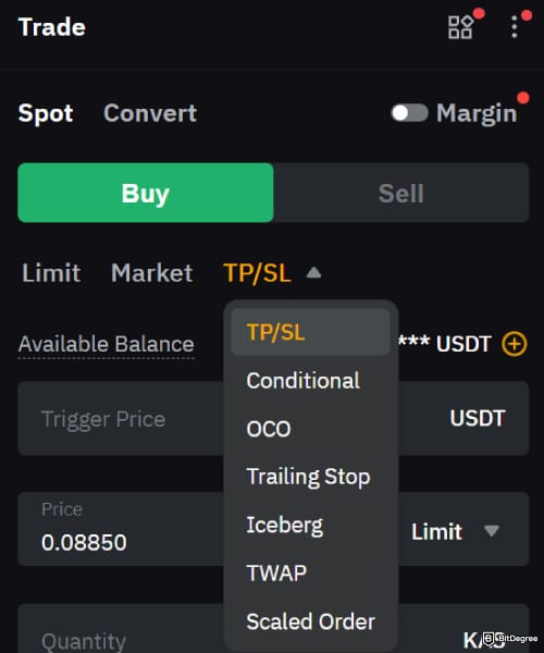 How to buy Kaspa coin: the order types on Bybit.