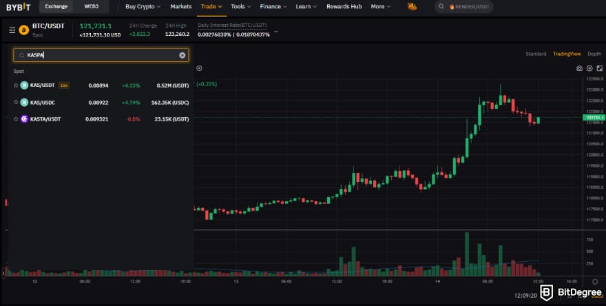 How to buy Kaspa coin: searching for a KAS trading pair on Bybit.