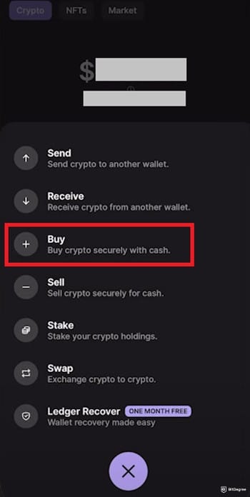 How to buy USDC: the [Buy] menu highlighted on the Ledger Live app.