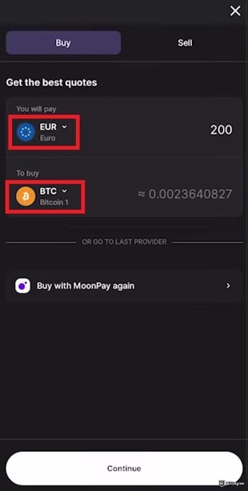 How to buy USDC: the currency dropdown menus highlighted on Ledger Live's buying page.