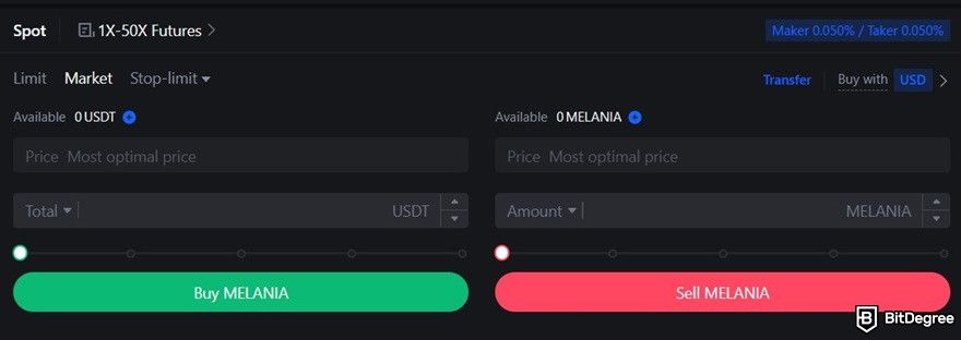 How to buy Melania Trump crypto coin: the order form on the spot market of MEXC.