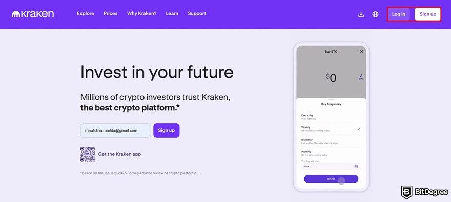 How to buy Melania Trump crypto coin: the Kraken login and sign-up buttons.