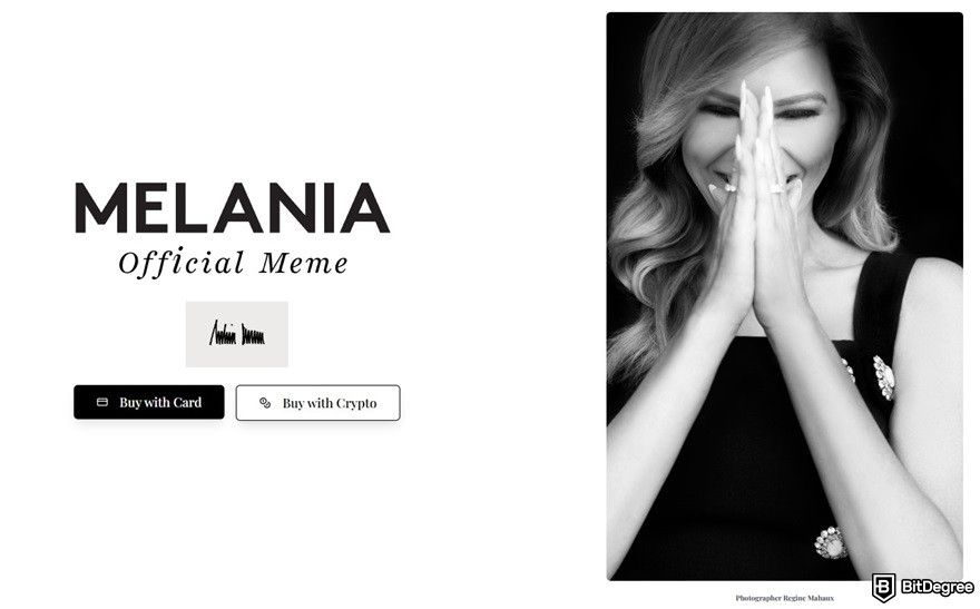 How to buy Melania Trump crypto coin: the image of the Melania Trump crypto shown on its official homepage.