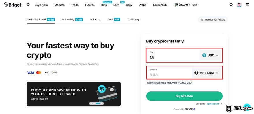 How to buy Melania Trump crypto coin: buying MELANIA instantly on Bitget.