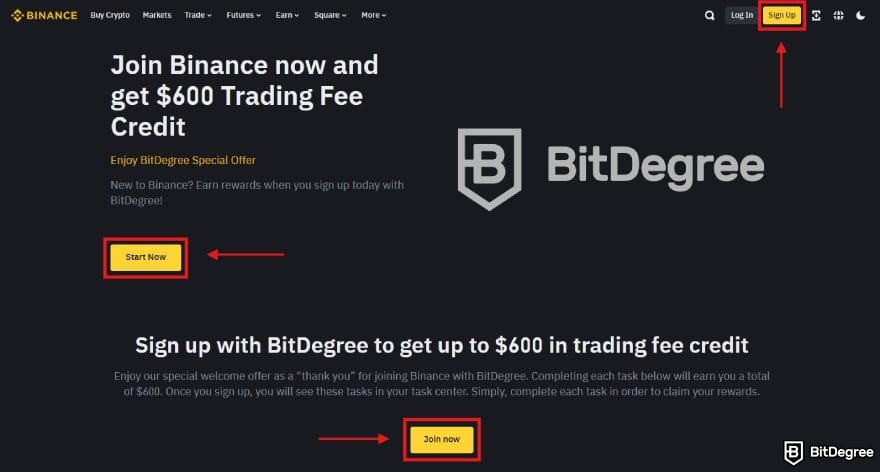 How to buy meme coins: the BitDegree affiliate sign up page on Binance.