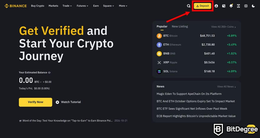 How to buy meme coins: Binance homepage with the deposit button highlighted.