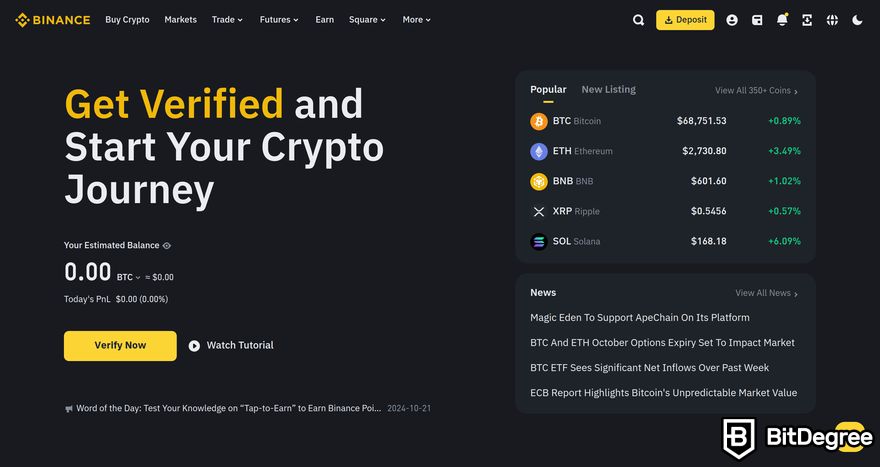 How to buy meme coins: a preview of the Binance homepage after logging in with an account.