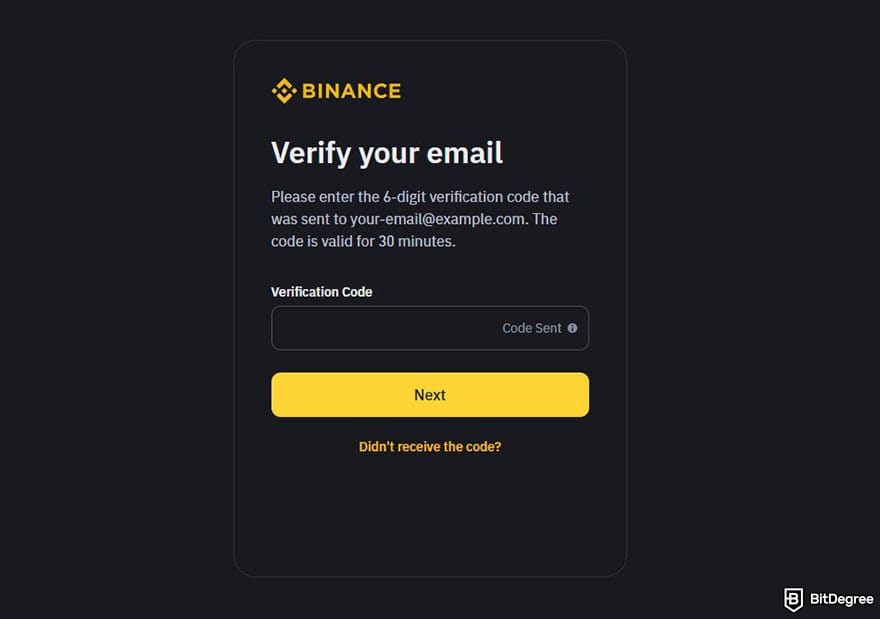 How to buy meme coins: the prompt to verify email when signing up on Binance.