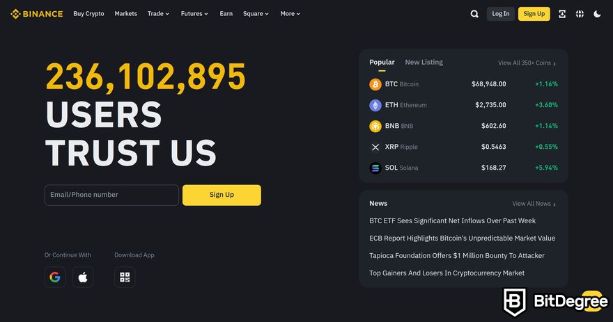 How to buy meme coins: a preview of Binance homepage.