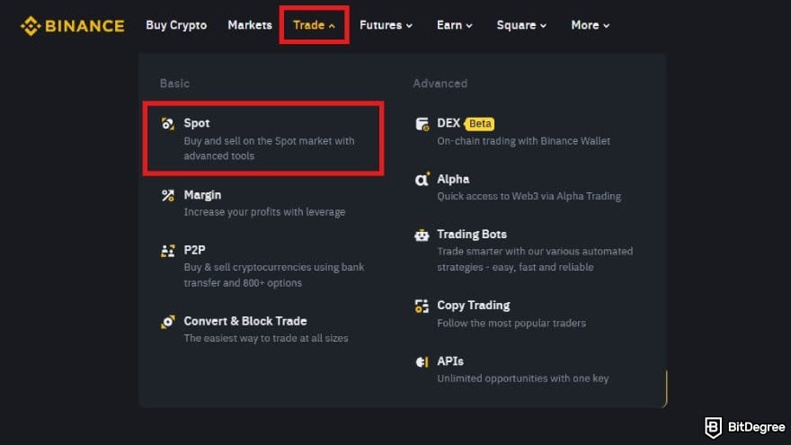 How to buy meme coins: Binance homepage with the Trade and Spot menus highlighted.