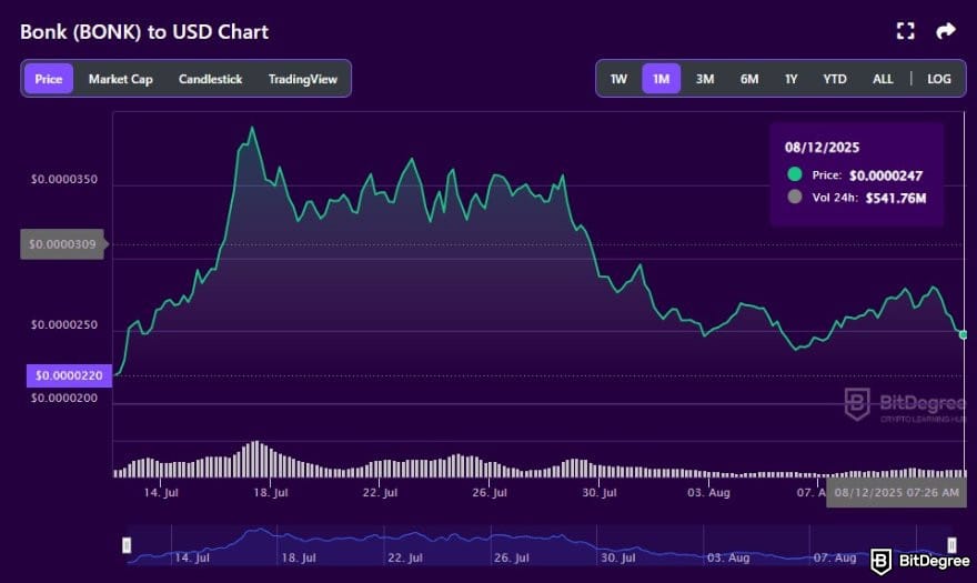 How to buy meme coins: BONK to USD price chart on BitDegree crypto tracker.