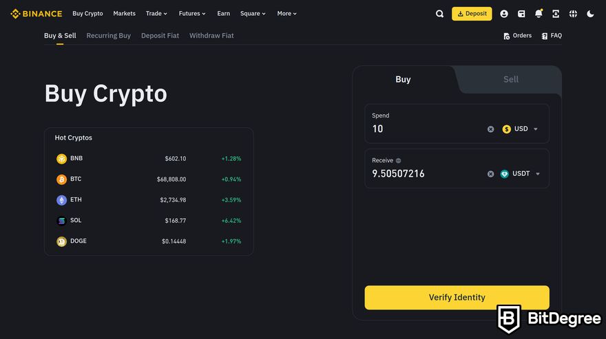 How to buy meme coins: a preview of the Binance's Buy Crypto page.