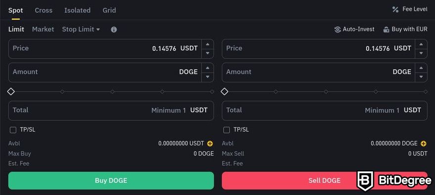 How to buy meme coins: a preview of the Limit Order option on the Binance spot trading.