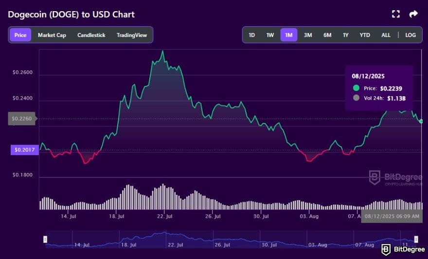 How to buy meme coins: DOGE to USD price chart on BitDegree crypto tracker.