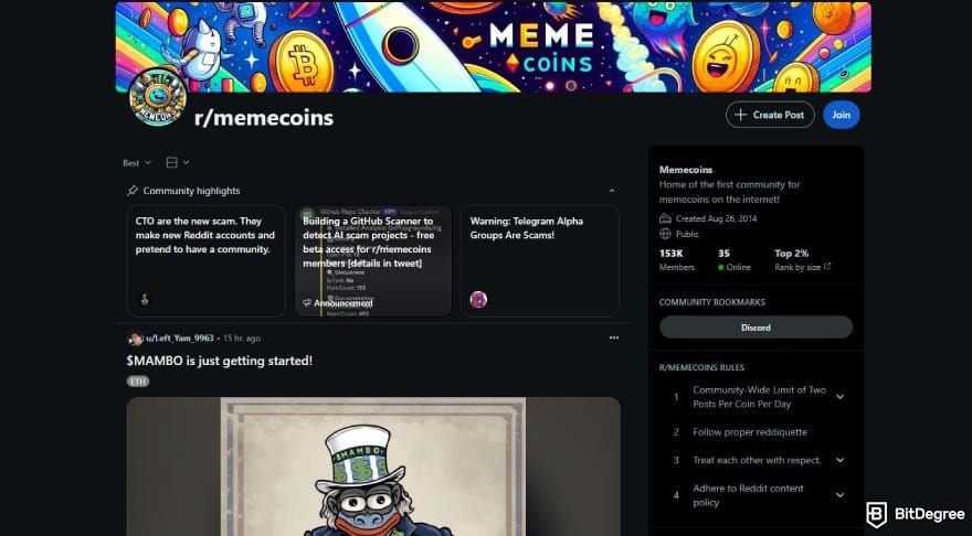 How to buy meme coins: the page for r/memecoins on Reddit.
