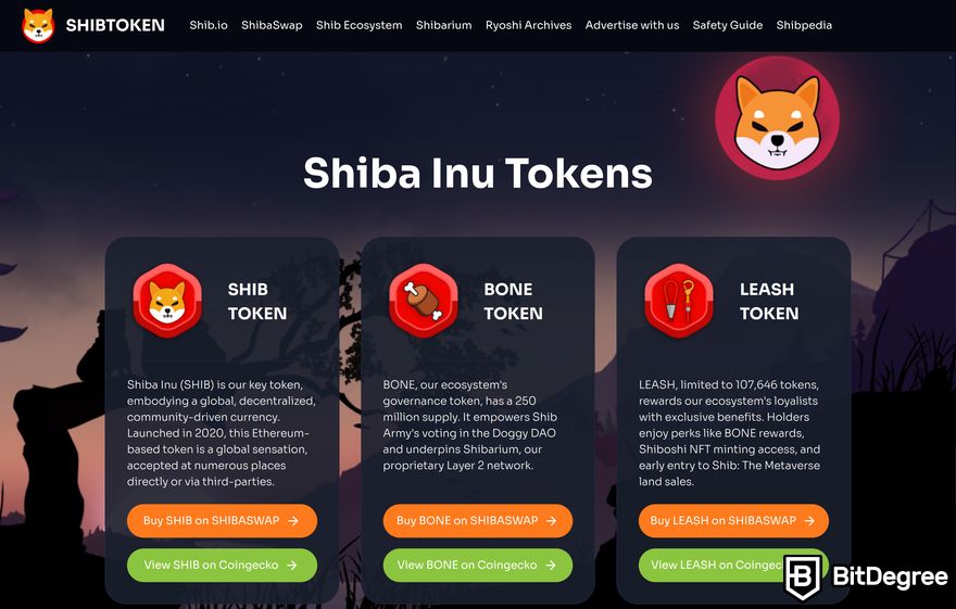 How to buy meme coins: a preview of Shiba Inu Tokens homepage.