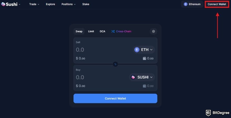 How to buy meme coins: SushiSwap trade interface with the Connect Wallet button highlighted.
