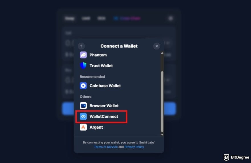 How to buy meme coin: the pop up window for connecting a wallet to SushiSwap.