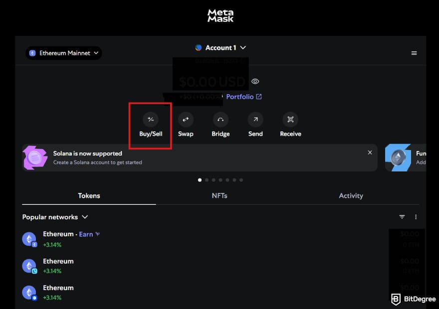How to buy XYZVerse: the [Buy/Sell] button on MetaMask.