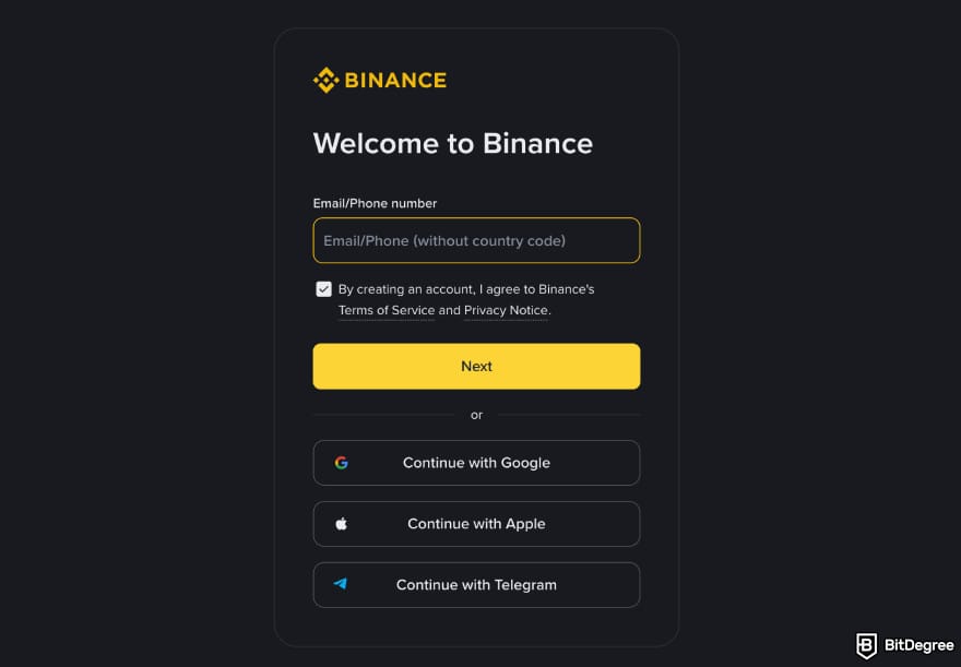 How to buy MIND of Pepe: Binance sign up page.