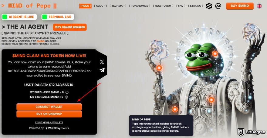How to buy MIND of Pepe: [connect wallet] button.