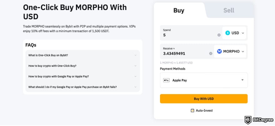 How to buy MORPHO: click Buy With USD on Bybit.