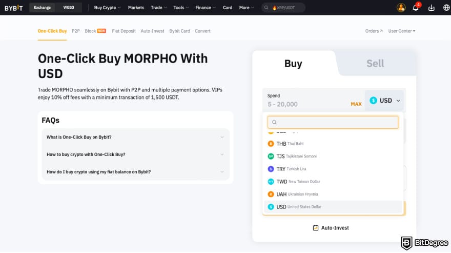 How to buy MORPHO: select fiat currency on Bybit.