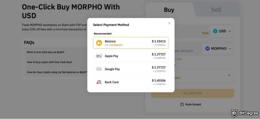 How to buy MORPHO: select payment method on Bybit.