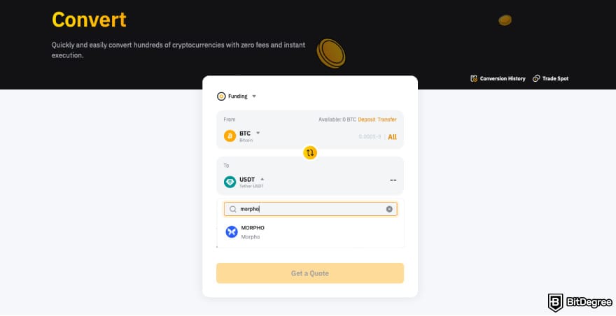 How to buy MORPHO: find MORPHO on Bybit's conversion window.