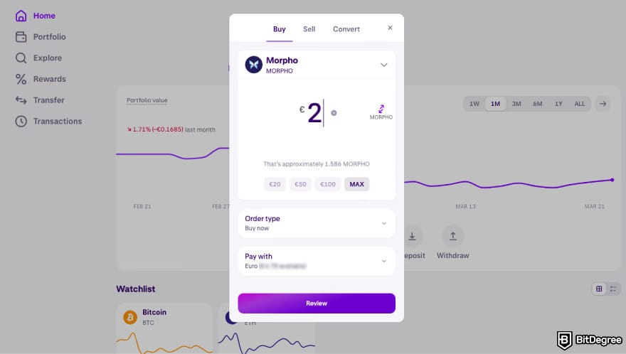 How to buy MORPHO: select the amount of MORPHO on Kraken.