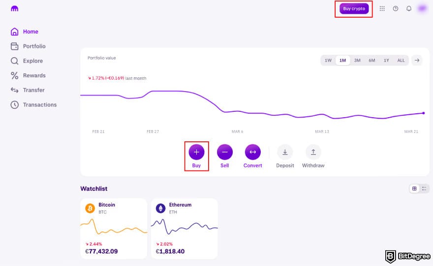 How to buy Morpho: Kraken's user's dashboard with the Buy crypto buttons highlighted.
